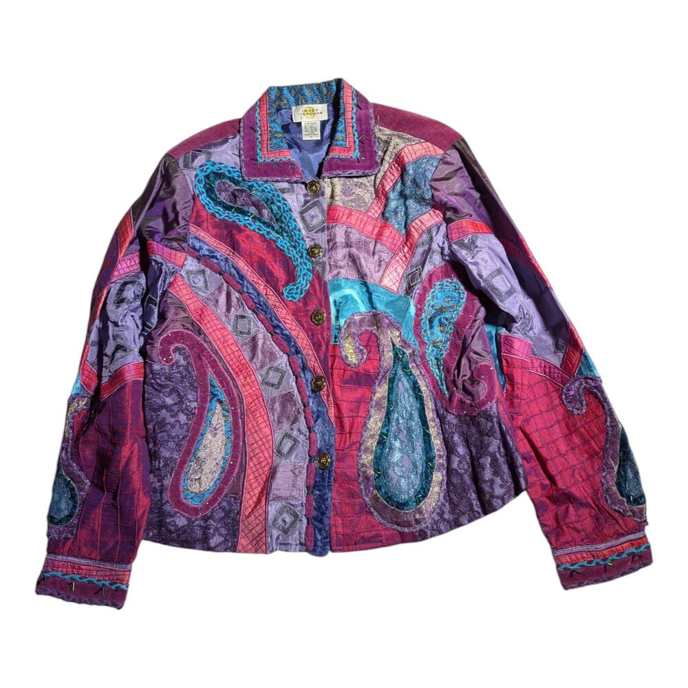 Vtg Y2K Sandy Starkman Purple Blue Silk Blend Paisley Patchwork Jacket Sz M